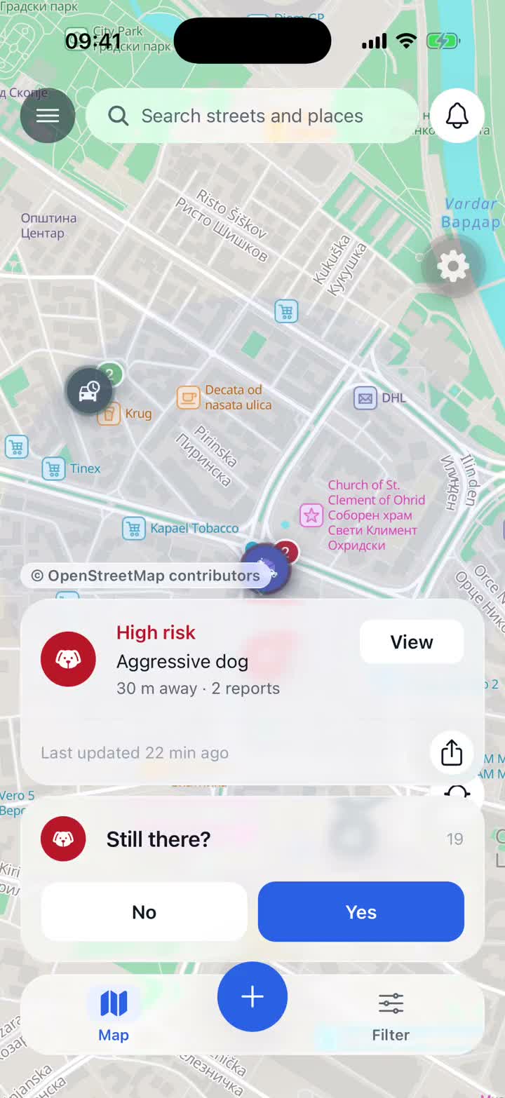 aova mobile app showing reports on a map of Skopje
